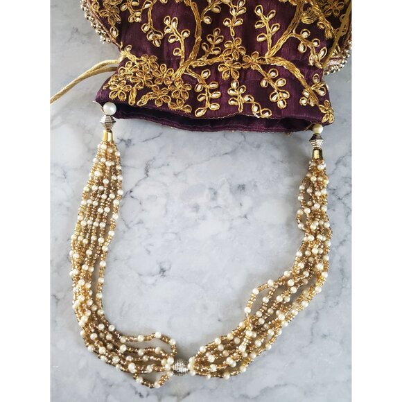 Elegant Embroidered Drawstring Potli Bag With Pearl Handle - Picture 3 of 11